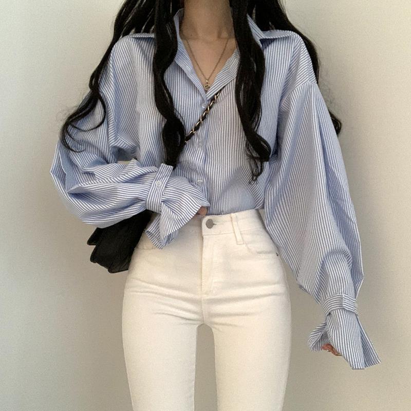 s-2xl-เสื้อลายฝรั่งเศสเวอร์ชั่นเกาหลีย้อนยุคเรียบง่ายหลวมสบายๆสีทึบแขนยาวเสื้อโปโลสีน้ำเงินแถวเดียวหลายปุ่มด้านบน