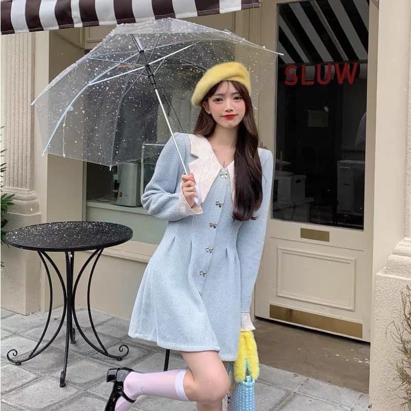พร้อมส่ง-เดรสลูกฟูกจับจีบช่วงเอว-สีฟ้าละมุน