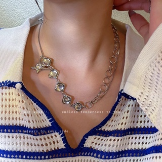 Diamond-studded star T-shaped buckle double-layer necklace womens design sense hip-hop clavicle chain cold wind accesso