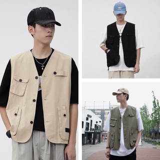เสื้อกั๊กคาร์โก้ ทรงหลวม ขนาดใหญ่ ที่ทนต่อการสึกหรอ สไตล์วินเทจ และอเมริกัน สําหรับผู้ชาย และผู้หญิง แฟชั่นกระเป๋าใหญ่ด้านบนเรียบง่ายผูกวันสีทึบเสื้อกั๊ก
