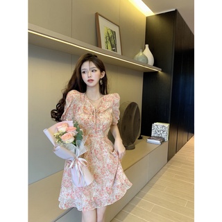 พร้อมส่ง🇰🇷 เดรสชีฟอง ลายดอกไม้ สีส้ม เสื้อผ้านำเข้า สไตล์เกาหลี #A116