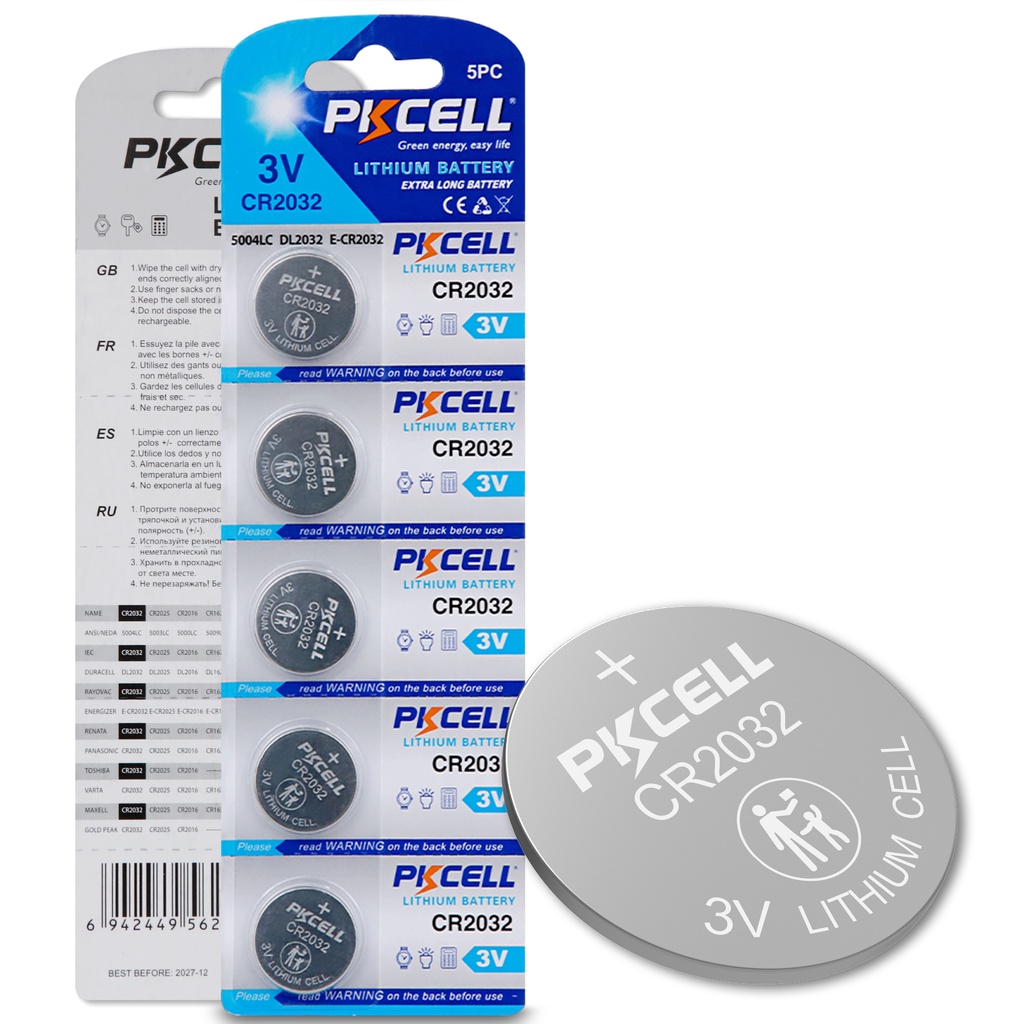PKCELL 25Pcs 5Packs CR2032 3V Lithium Button Coin Cell Battery ECR2032