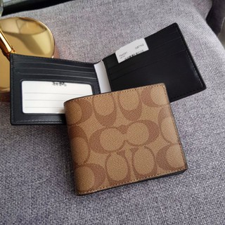 🎀 (สด-ผ่อน) A กระเป๋าสตางค์ชาย 2 พับ ลายซี COACH F66551 ID BILLFOLD WALLET IN SIGNATURE CANVASQB/ Tan