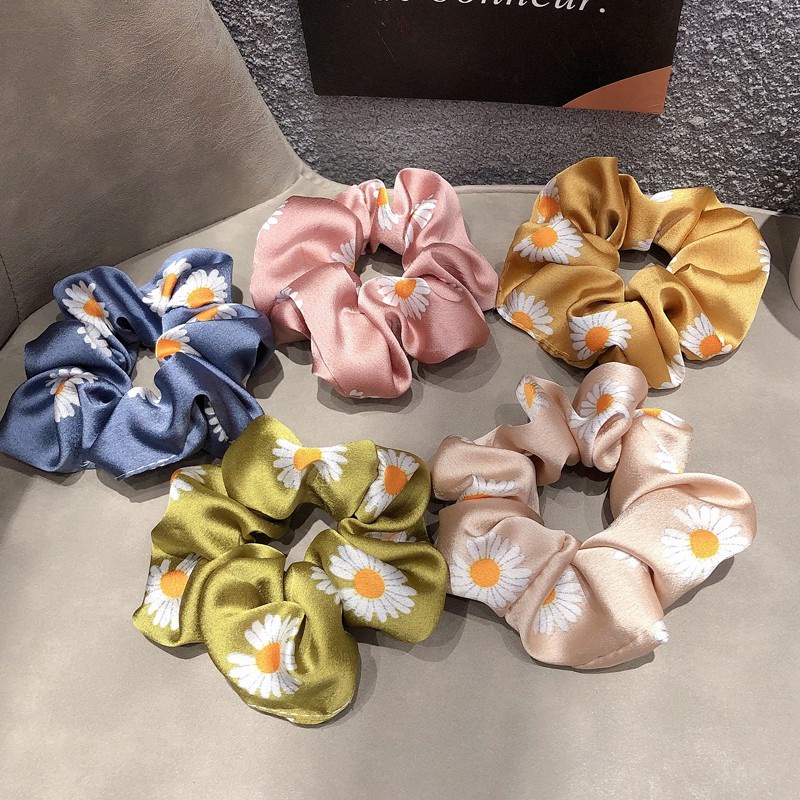 พร้อมส่ง-ยางรัดผม-ผ้าซาติน-ลายดอกเดซี่-แฟชั่นเกาหลี-สําหรับผู้หญิง