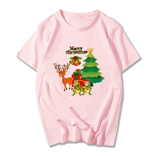 Cartoon Cute Santa Claus Printing Christmas Family Party Dress Clothing White Pink Women Men Kids Short Sleeves Tshirtเส