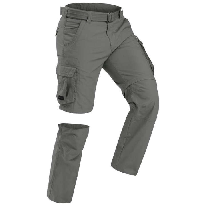 กางเกงขายาวแบบถอดขาได้สำหรับผู้ชายใส่เดินเทรคกิ้งรุ่น-travel-100-สีเทา
