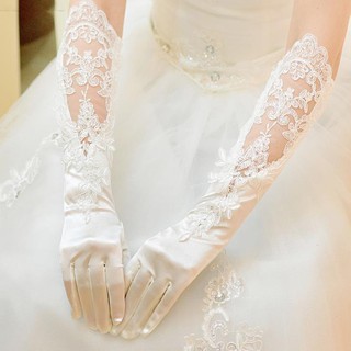 ถุงมือ ถุงมือแต่งงานลูกไม้ยาวสีขาวชุดเที่ยวเกาหลีถุงมือยาวงานแต่งงานถุงมือเจ้าสาวผ้าซาติน