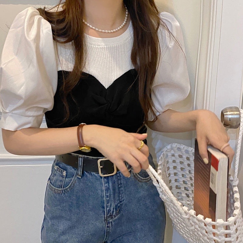 only-girl-พร้อมส่ง-เย็บฤดูร้อนบริสุทธิ์ปรารถนาหวานสาวร้อนแขนสั้นเสื้อยืดผู้หญิงความรู้สึกออกแบบผ้าไหมน้ำแข็งพัฟแขนบาง