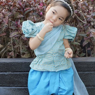 สินค้า ชุดไทยเด็ก ชุดเด็กผู้หญิง ชุดโจงกระเบนเด็ก รุ่น SK2102 สีฟ้า