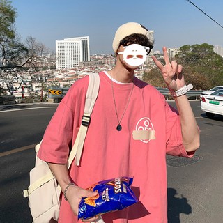 แขนสั้นT恤男潮牌印花港风insครึ่งแขนเสื้อฤดูร้อนคอกลมหลวมแขนห้าจุดคนรักสีชมพู