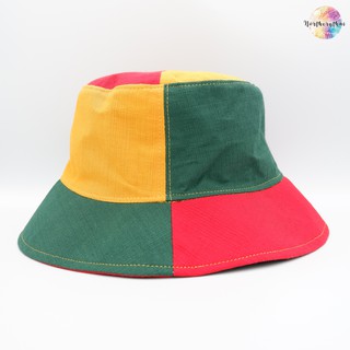 หมวกบักเก็ตราสต้า สีเขียวเหลืองแดง ผ้าต่อ วัสดุฝ้ายสไตล์วินเทจคุณภาพดี แฟชั่นเร็กเก้ อีสานเขียว สินค้าไทย Northernthaai