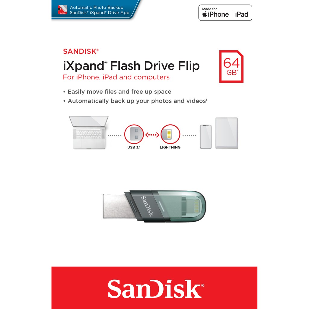 ภาพสินค้าSanDisk iXpand Flash Drive Flip 64GB (SDIX90N-064G-GN6NN) แฟลชไดร์ฟใช้สำหรับ iPhone และ iPad จากร้าน sandisk_thailand_officialshop บน Shopee ภาพที่ 1