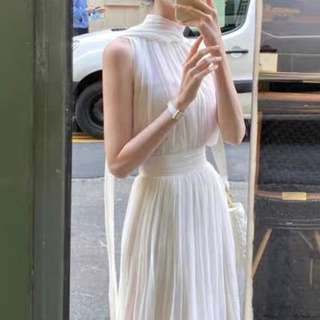🔥Hot Sale/เดรสสีขาวคอวีผู้หญิงออกแบบเฉพาะเสื้อผ้าผู้หญิง2022ชุดเดรสชีฟองเก๋ไก๋ฝรั่งเศสใหม่