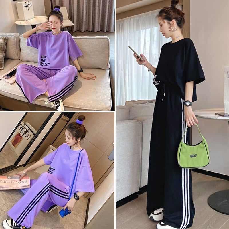ชุดเข้าเซทเสื้อยืดแขนสั้นoversize-กางเกงขายาวทรงกระบอก-ชุดลำลอง-46j0