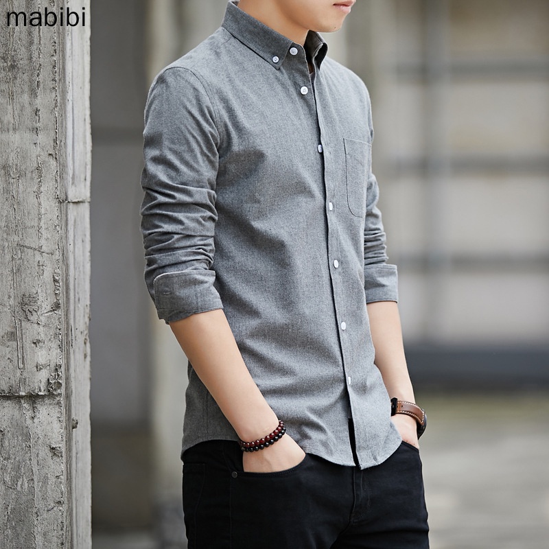 new-เสื้อเชิ้ตแขนยาวผู้ชาย-mens-oxford-casual-shirt-mens-slim-korean-style-solid-color-shirt