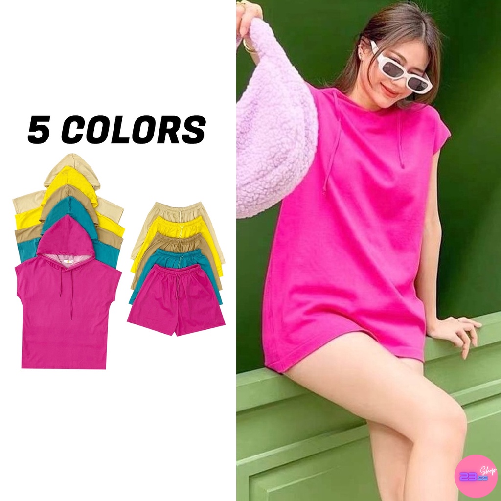 sale80-ชุดเซ็ตเสื้อแขนสั้นมีฮู๊ดกางเกงขาสั้นเอวยางยืด-สีพื้น-5-สี