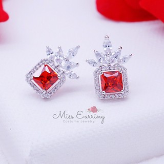Miss Earring ต่างหู cz ตุ้มหู cz ต่างหูติดหูสี่เหลี่ยม เพชรสีแดง อะไหล่เงิน น้ำหนักเบา ปราศจากนิเกิ้ล พร้อมส่ง