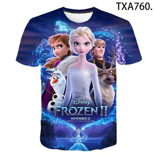 เสื้อยืดแขนสั้นลําลอง พิมพ์ลายการ์ตูนอนิเมะ Frozen 2 3D แฟชั่นสําหรับเด็กผู้ชาย และเด็กผู้หญิง