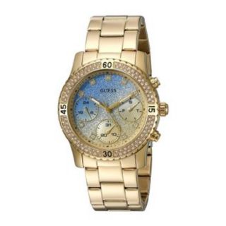 GUESS Womens U0774L2 Gold-Tone Watch with Iconic Sky Blue Multi-Function Dial
