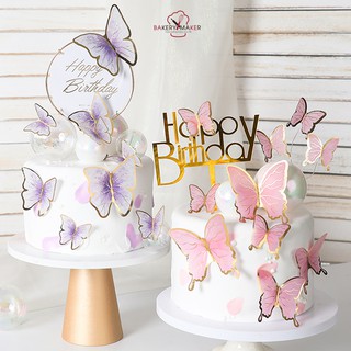 ป้ายปักตกแต่งเค้ก รูปผีเสื้อ 5 ตัว สีม่วง , ชมพู / **** ไม่รวมป้าย Happy Birthday **** Topper Cake