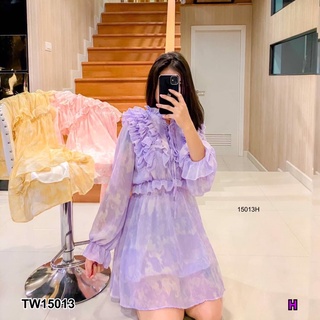 TW15013	 Dress เดรสชีฟองแขนยาว อกระบาย สานเชือก มีซับใน เอวสม็อค ใส่สบาย พร้อมส่ง