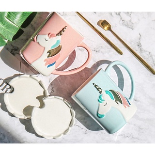 แก้วมัคUnicorn cup mug สีพาสเทลสดใส พร้อมฝาและช้อน อุปกรณ์บนโต๊ะอาหาร