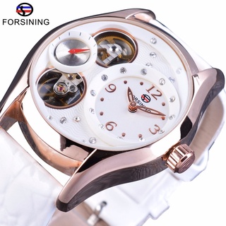 Forsining Luxury Brand Relogio Tourbillion White Leather Women Casual Watches Clock Female Fashion Dress Rhinestone Wris