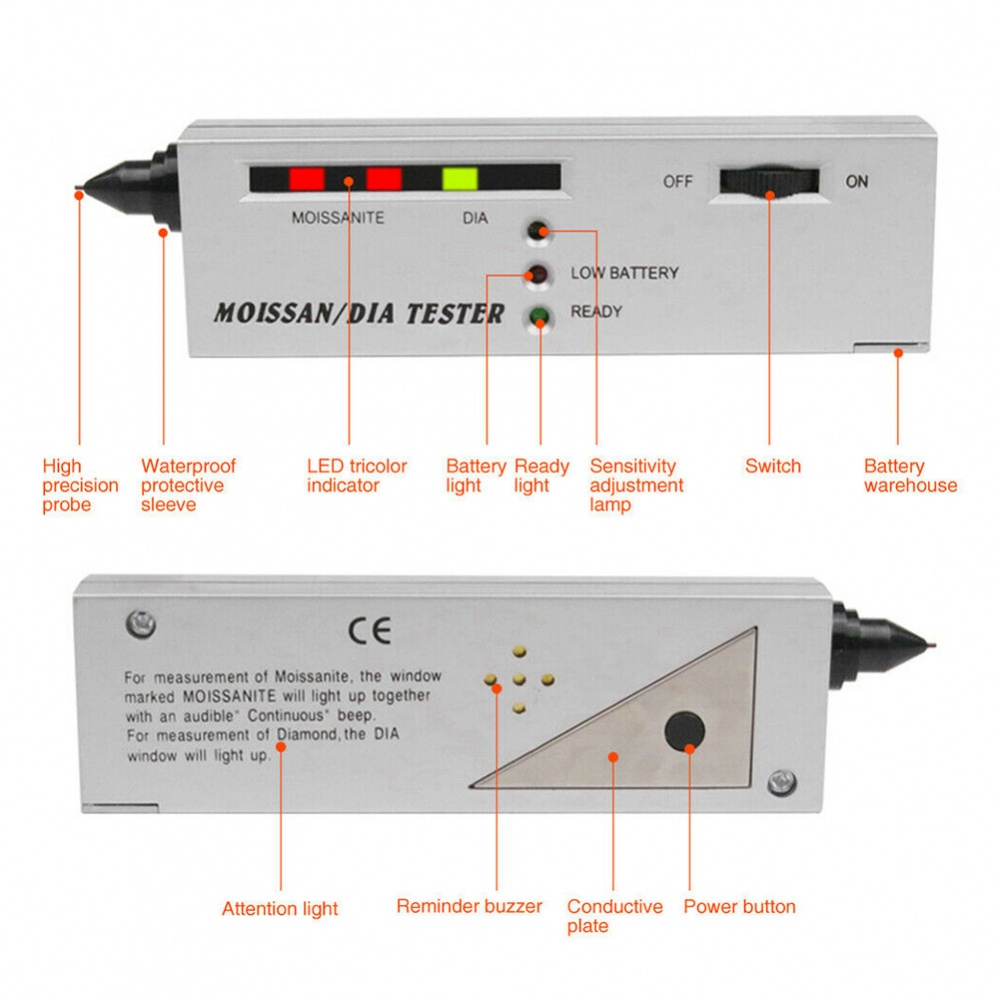 moissan-เครื่องทดสอบแบตเตอรี่-ปากกาตรวจจับเพชร-โมอิส-สีเงิน-9v