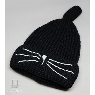 หมวกไหมพรมแฟชั่นปักหน้าแมวน่ารัก หมวกบีนนี่ (beanie hat) แฟชั่น