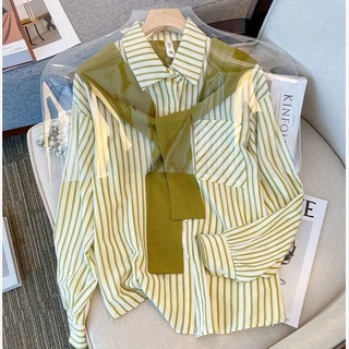 เสื้อเชิ้ตลําลอง ทรงหลวม ลายทาง แนวตั้ง สองชิ้น แฟชั่นฤดูใบไม้ร่วง สําหรับสตรี