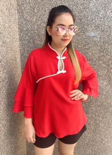 📌สีแดงเข้าเพิ่ม 🎉เสื้อสาวอวบ ใส่ช่วงตรุษจีนจ้า เสื้อกี่เพ้า เสื้อผ้าสาวอวบ สีแดง สวยมาก