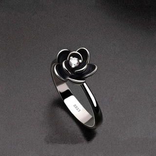แหวนเงิน 925 รูปดอกกุหลาบ ประดับเพชร สีดํา เครื่องประดับ สําหรับผู้หญิง งานแต่งงาน