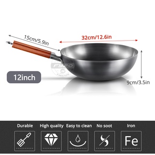 ✎☾Wok Pan,Non-stick Handmade cast Iron Wok Frying Pan Wooden Handle Cooking Pots,Kitchen Cookware