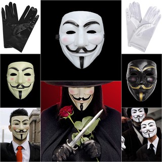 หน้ากาก+ถุงมือ หน้ากากแฮกเกอร์ หน้ากากหนวด Guy Fawkes จากเรื่อง V for Vendetta หน้ากากปาร์ตี้ Mask with Glove (2 ชิ้น)