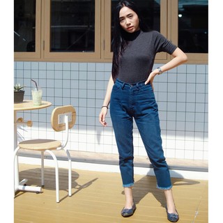 Cc jeans XXL #045 กางเกงยีนส์ผู้หญิง เอวสูง ทรงบอย ขาปาด สีน้ำเงินเข้ม