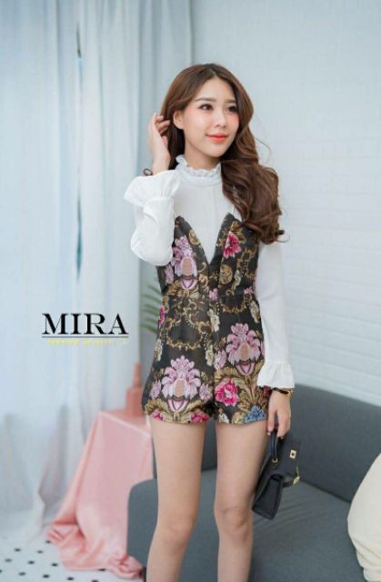 sale-มือ1size-l-jumpsuit-จั๊มสูทขาสั้นสีดำผ้าทองานปัก-งานป้าย-mira