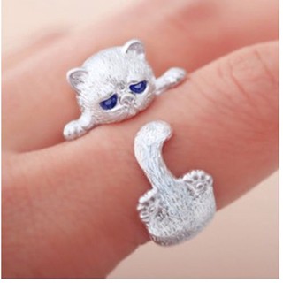 แหวนรูปสัตว์แมวสีเงินสำหรับผู้หญิง