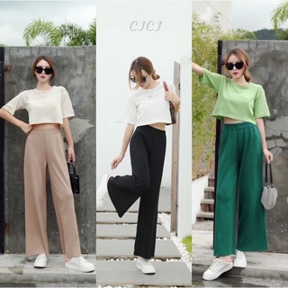 สินค้า Cici(NO.BZA500)ชุดเซทไหมพรม เสื้อครอปแขนสั้นแมทช์คู่กับกางเกง เนื้อผ้าบาง ใส่สบาย