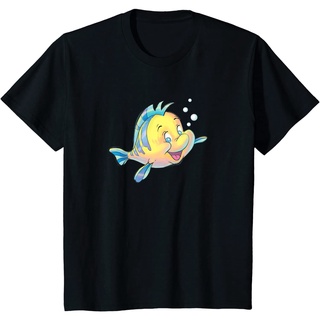 เสื้อยืดผ้าฝ้ายพรีเมี่ยม เสื้อยืดท็อปส์ พิมพ์ลาย Disney The Little Mermaid Flounder Bubbles