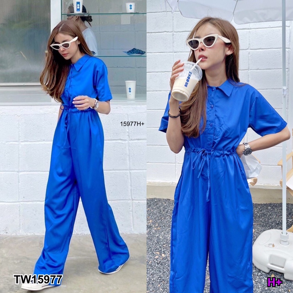 tw15977-jumpsuit-slippery-จั้มสูทขายาว-คอปก-แต่งกระดุมหน้า-ช่วงเอวใส่เชือกรูดเอว-รูดได้จริง-มีกระเป๋าล้วงข้าง