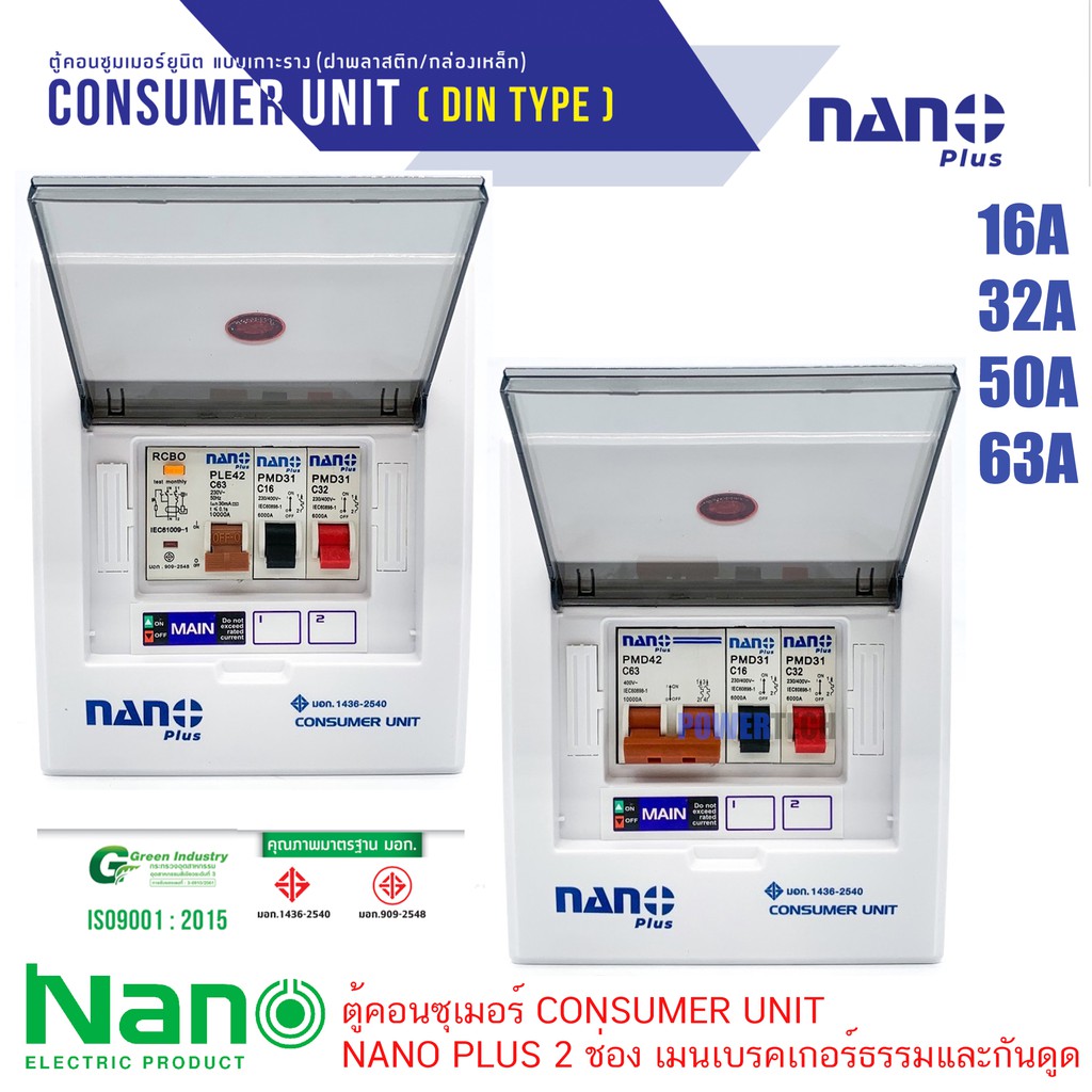 ราคาและรีวิว(ส่งไวมี มอก.) ตู้คอนซูมเมอร์ Nano ยูนิต NN-CM NNP-CR CONSUMER UNIT NANO PLUS 2 ช่อง เมนเบรคเกอร์ธรรมและกันดูด RCBO