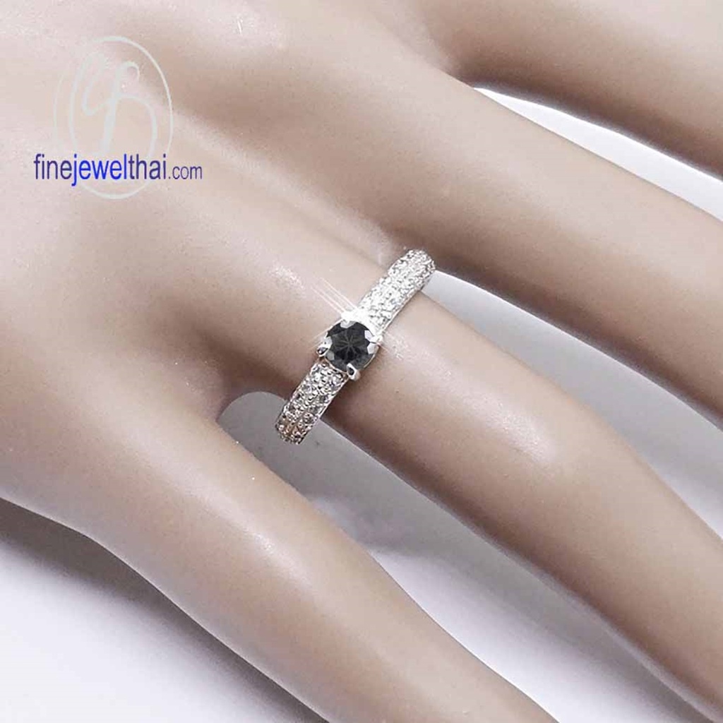 finejewelthai-แหวนนิล-นิลแท้-แหวนเพชรcz-แหวนเงินแท้-พลอยประจำเดือนเกิด-black-spinel-silver-ring-r1261on