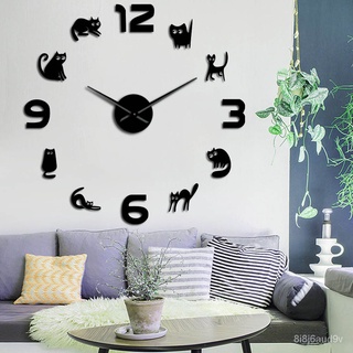 นาฬิกา diy นาฬิกาอะคริลิคแมวน่ารักสติ๊กเกอร์ติดผนังขนาดใหญ่ Silent Wall Clock Home Decor