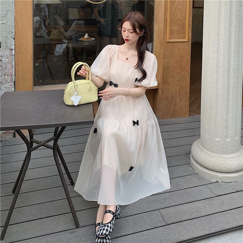 hot-sale-ชุดเดรสแขนพัฟผีเสื้อสีบริสุทธิ์-หญิงออกแบบความรู้สึกฤดูร้อนใหม่สไตล์อ่อนโยนอารมณ์ชุดรักแรก