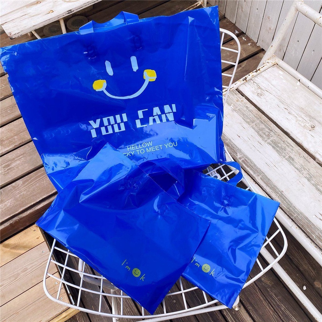 ถุงพลาสติกklein-blue-smiley-plastic-clothes-store-tote-bag-ร้านขายเสื้อผ้าสตรีบรรจุภัณฑ์เชิงพาณิชย์ถุงช้อปปิ้งชื่อร้านค้