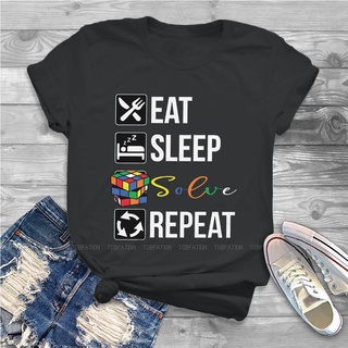 T-shirt  เสื้อยืด พิมพ์ลายกราฟฟิค Eat Sleep Solve Repeat สไตล์วินเทจ สําหรับผู้หญิงS-5XL