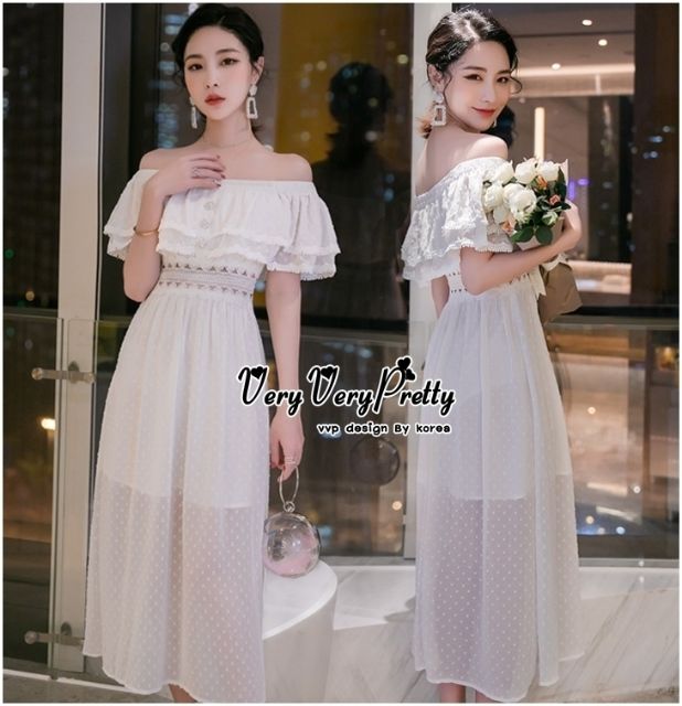 elegant-white-long-dress-off-the-shoulder-chiffon-fabric-evening-dress-style-korea-เดรสยาวเปิดไหล่สีขาวงานสวยหรูสไ