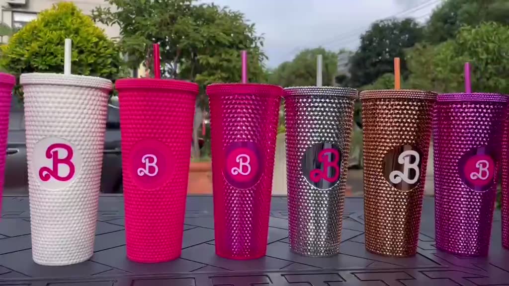 bling-pink-studded-tumbler-แก้วน้ําพกพา-พร้อมฝาปิด-และหลอดดูด