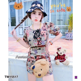 TW15517  Set 2 ชิ้น เสื้อครอปแขนตุ๊กตาลายหมี ดูคิ้วส์สุดดดด + #กระโปรงสั้น ทรง A ผ้าทอลายหมีเข้าเซต พร้อมส่ง