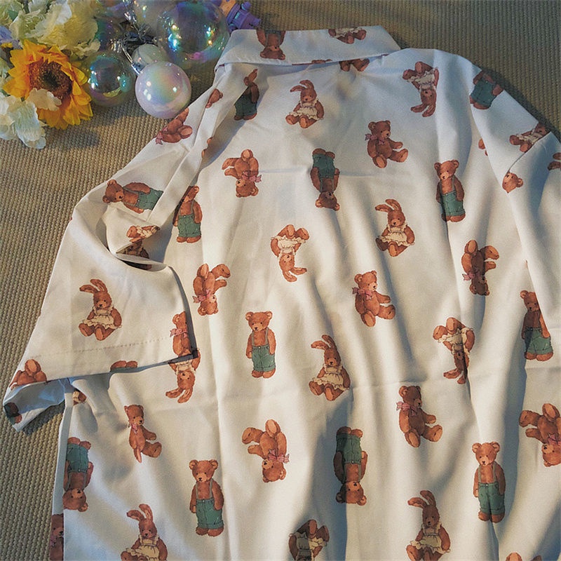 daiwing-vintage-bear-print-shirt-female-design-sense-niche-2022-spring-and-summer-loose-shirt
